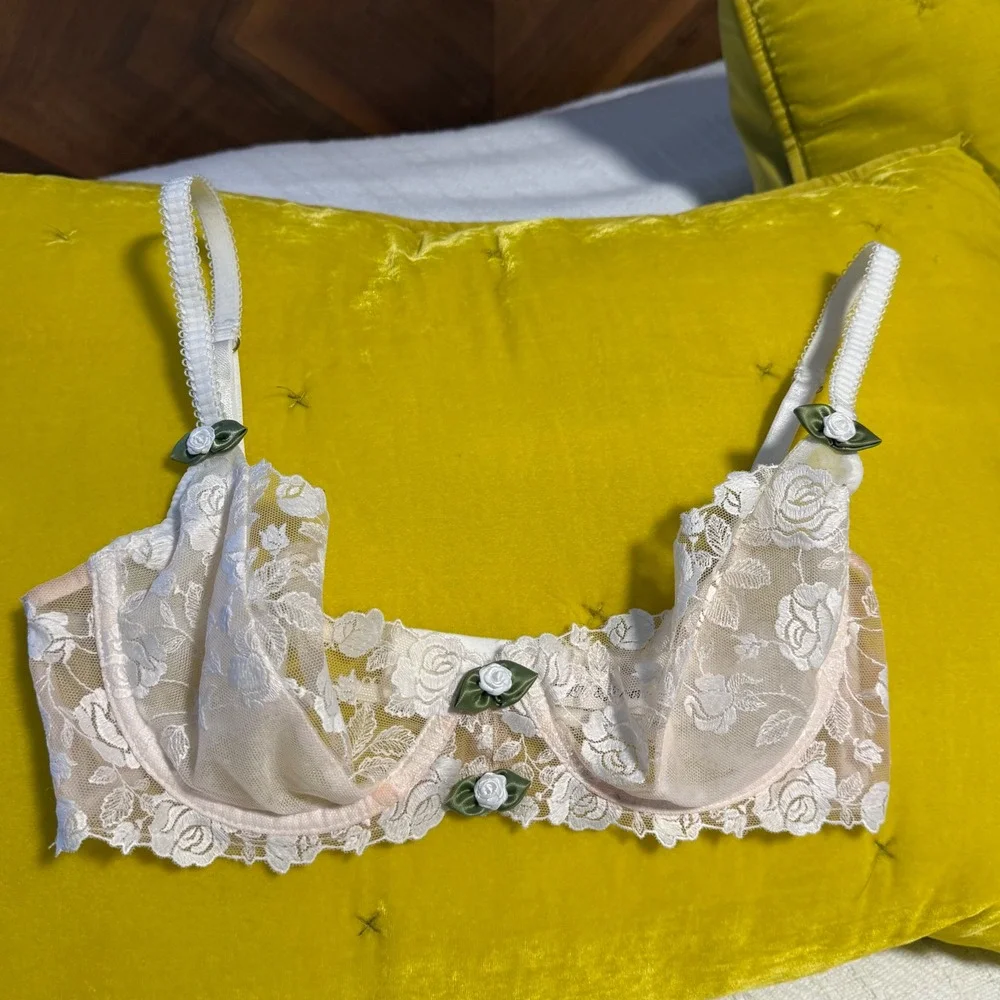 For Love & Lemons Sweetheart Floral Rose Lace Bra‎ White Cream Bridal Lingerie S